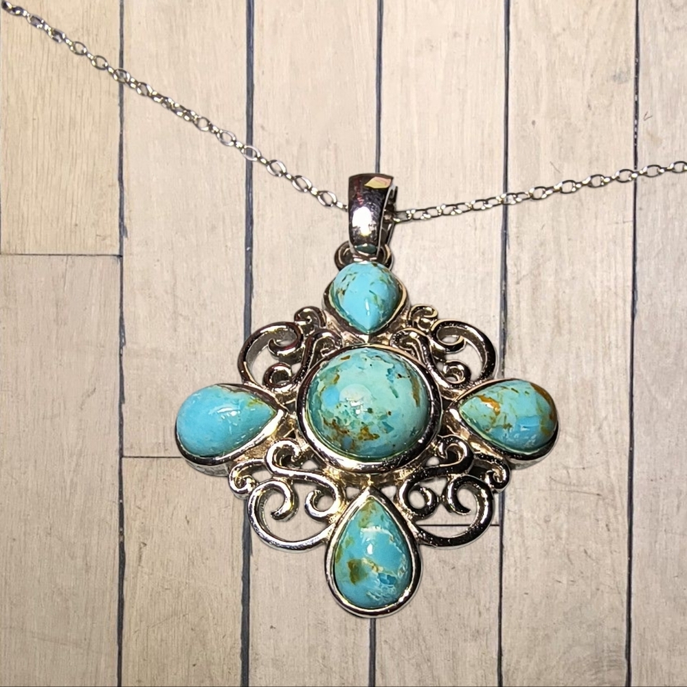 Sterling Silver & Turquoise Floral Pendant Necklace Brand New